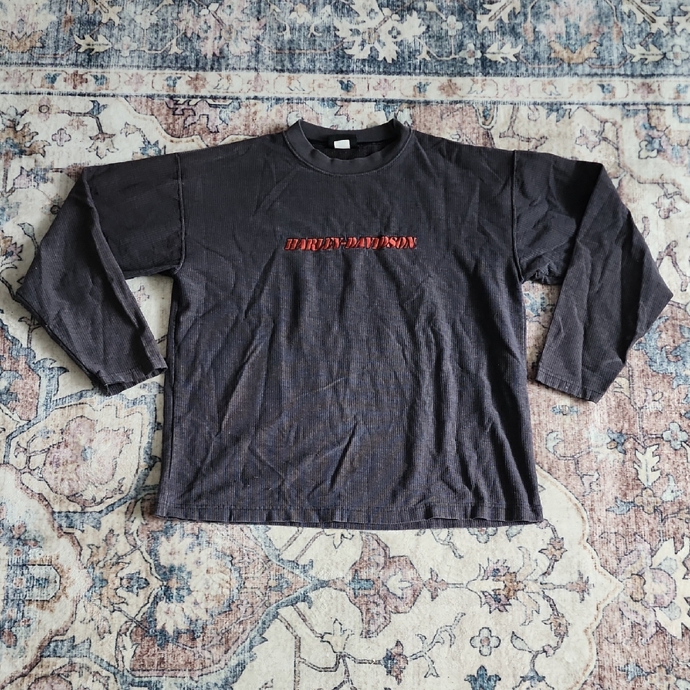 Vntg 90s Harley Davidson Men Crewneck Thermal Long Sleeve Shirt Gray Orange Lg
